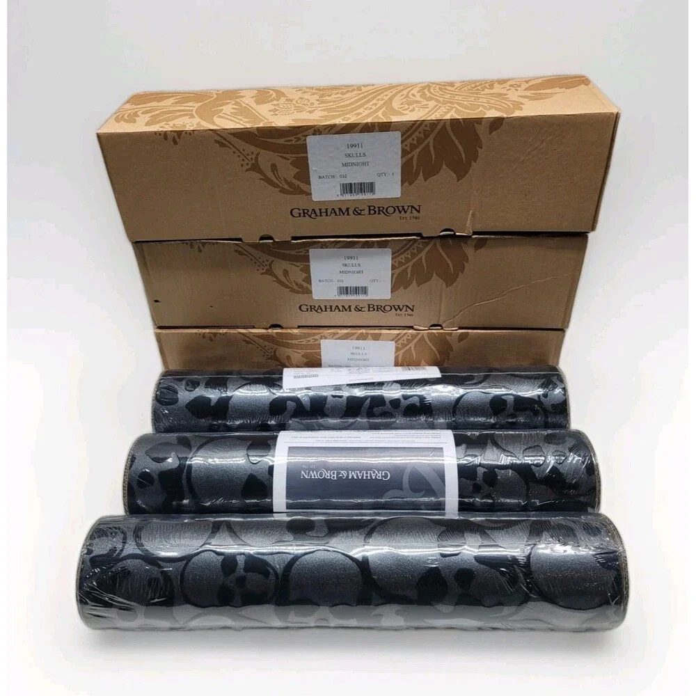 Graham & Brown 19911 Barbara Hulanicki Flock Skulls Midnight Black Wallpaper Lot